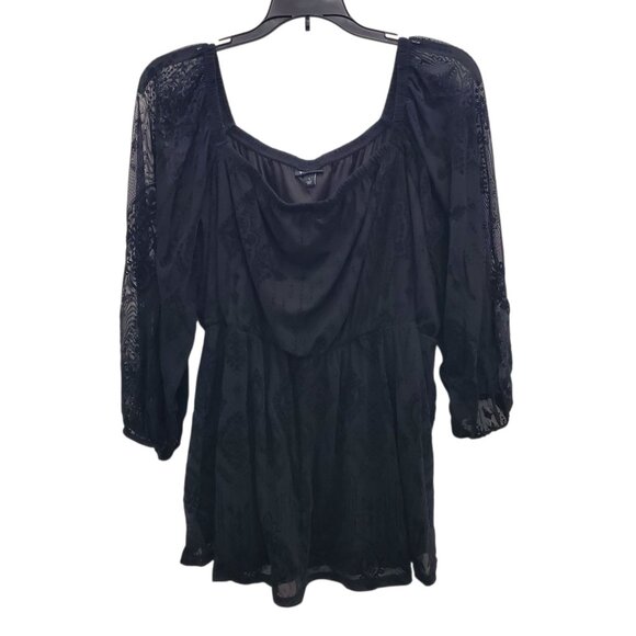 Torrid Black Flocked Mesh Square Neck Puff Sleeve Peasant Top Goth Boho Plus 1 - Picture 2 of 9
